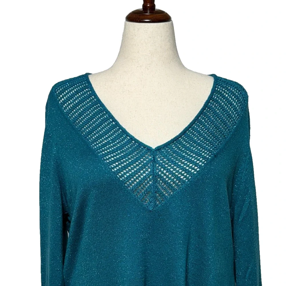Catherines Sweater 2X 22-24W Teal Blue Green Metallic Sequin Open Knit‎ Neckline